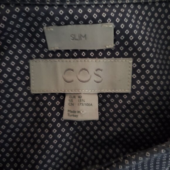 COS Men's Slim Fit Printed Navy Blue And White Long Sleeve Shirt Size 15 3/4 - Picture 5 of 10